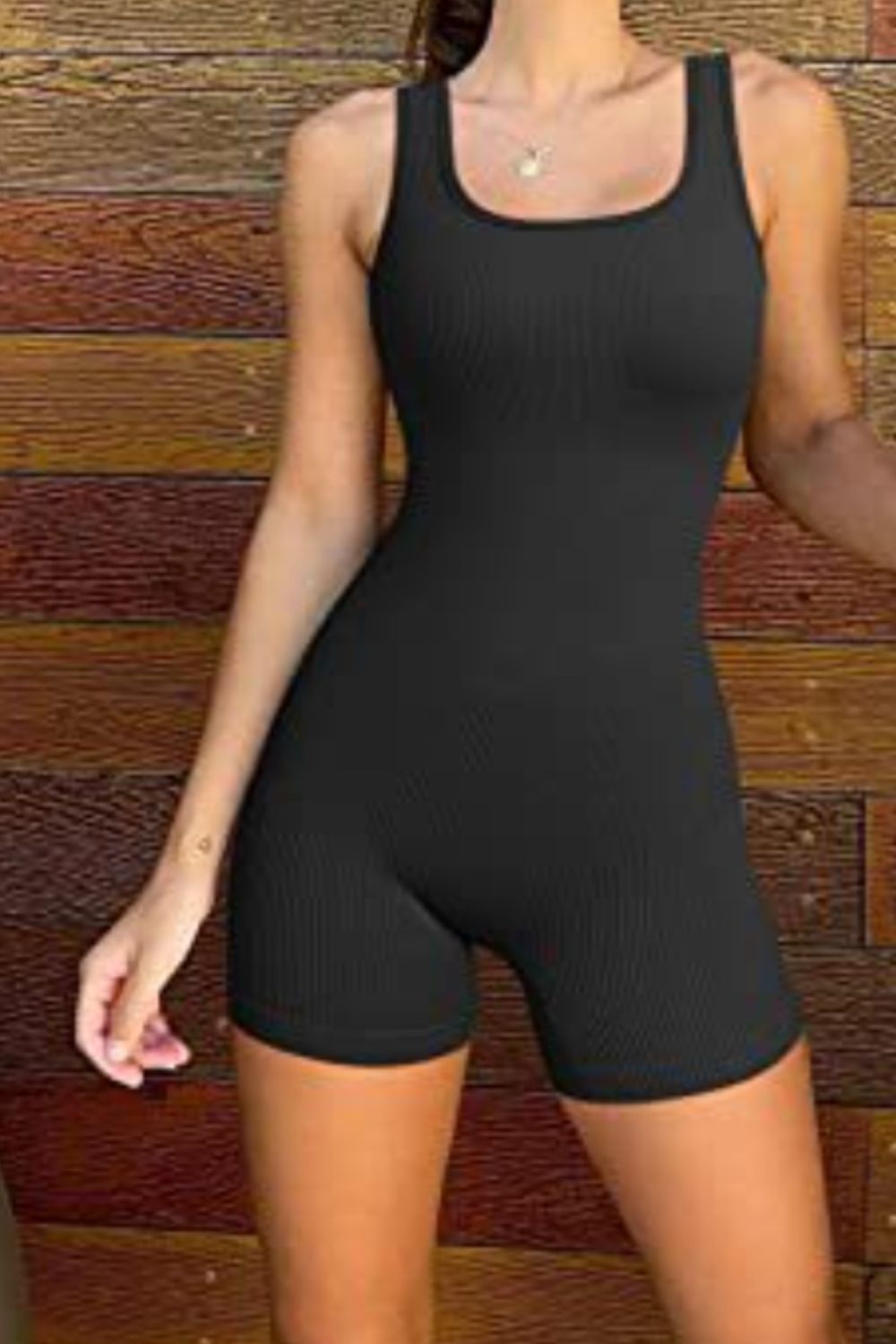 Chic Wide Strap Slighty Stretchy Workout Black Romper-front view