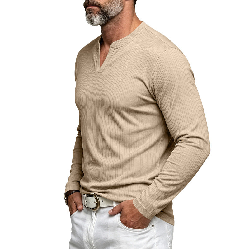 
Model wearing a khaki Men's Ribbed V-Neck Casual Long-sleeve side view