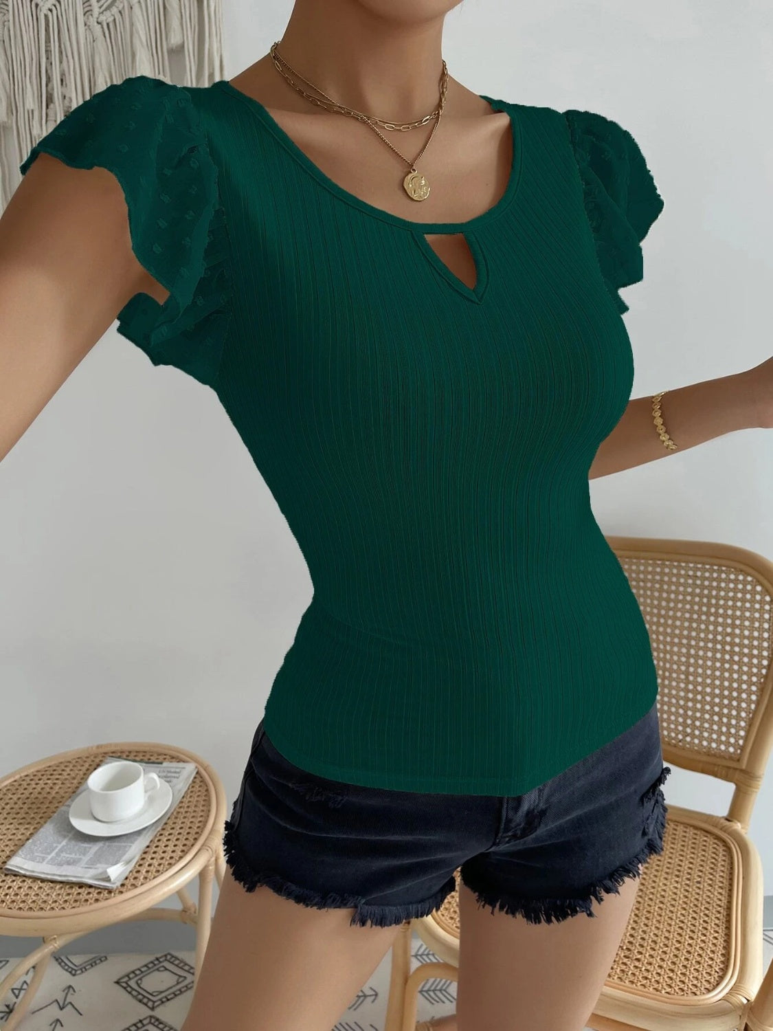 Women's Dark Green Slighty Stretchy Fashionable Swiss Dot Ruffle Cap Sleeve Blouse-front view