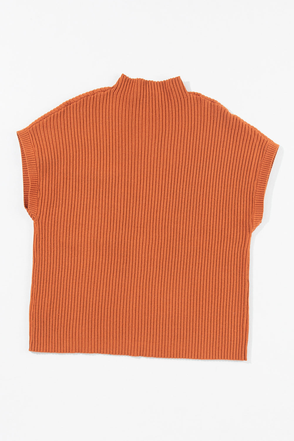 Orange ribbed knit sleeveless sweater on a white background