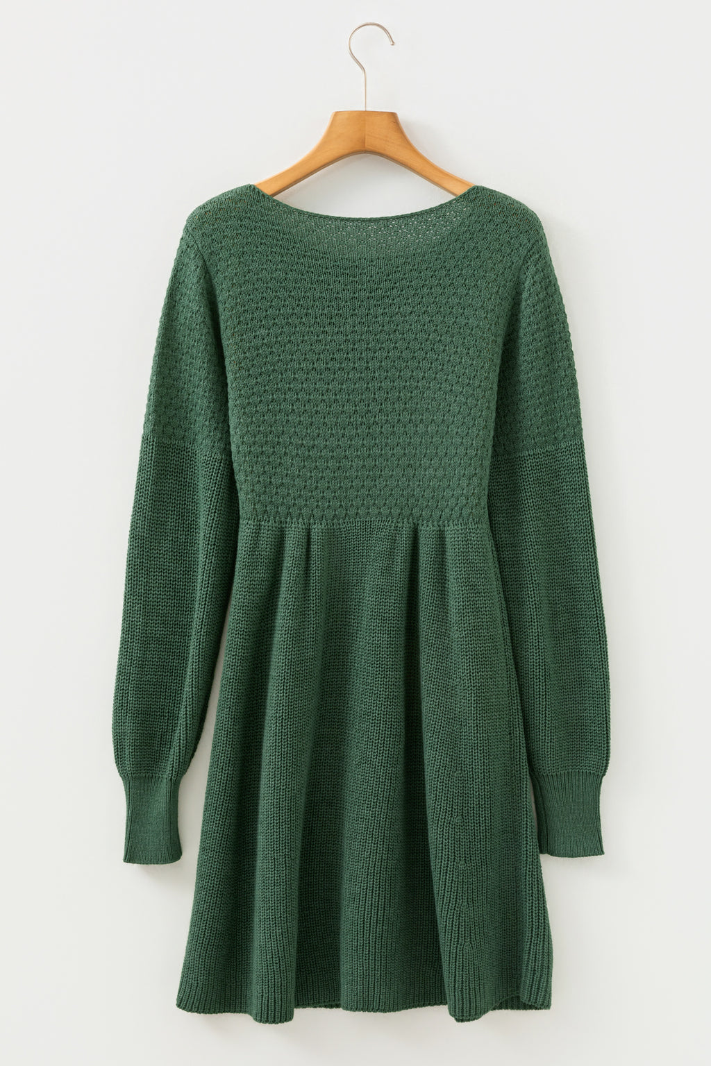 Mist Green Empire Waist Lantern Sleeve Sweater Dress  on a wooden hanger back view
