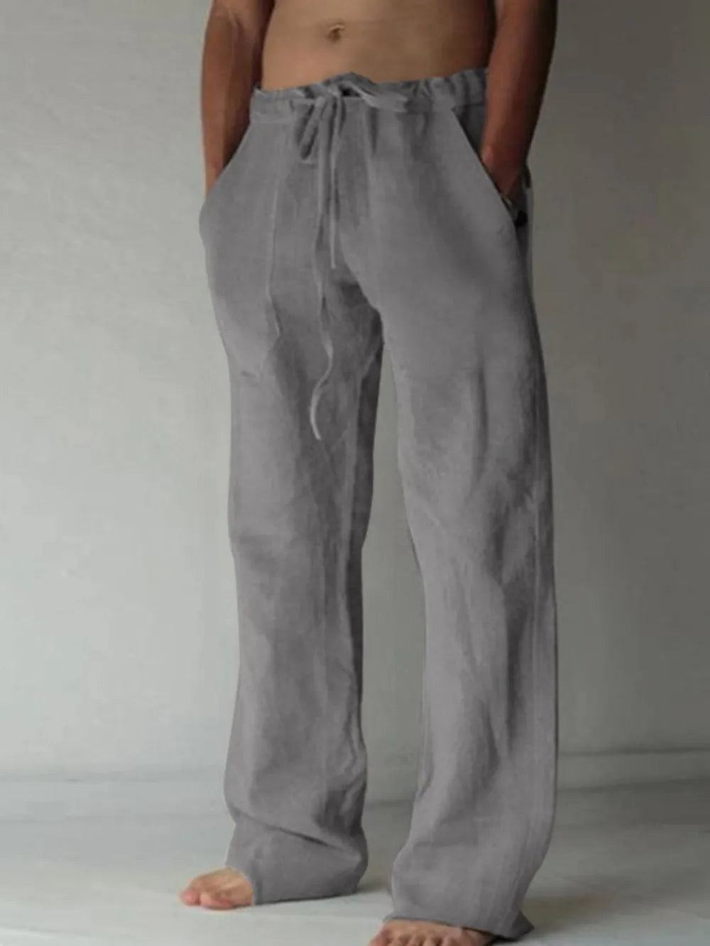 Gray linen Drawstring Loose Fit Pants  worn by a male model