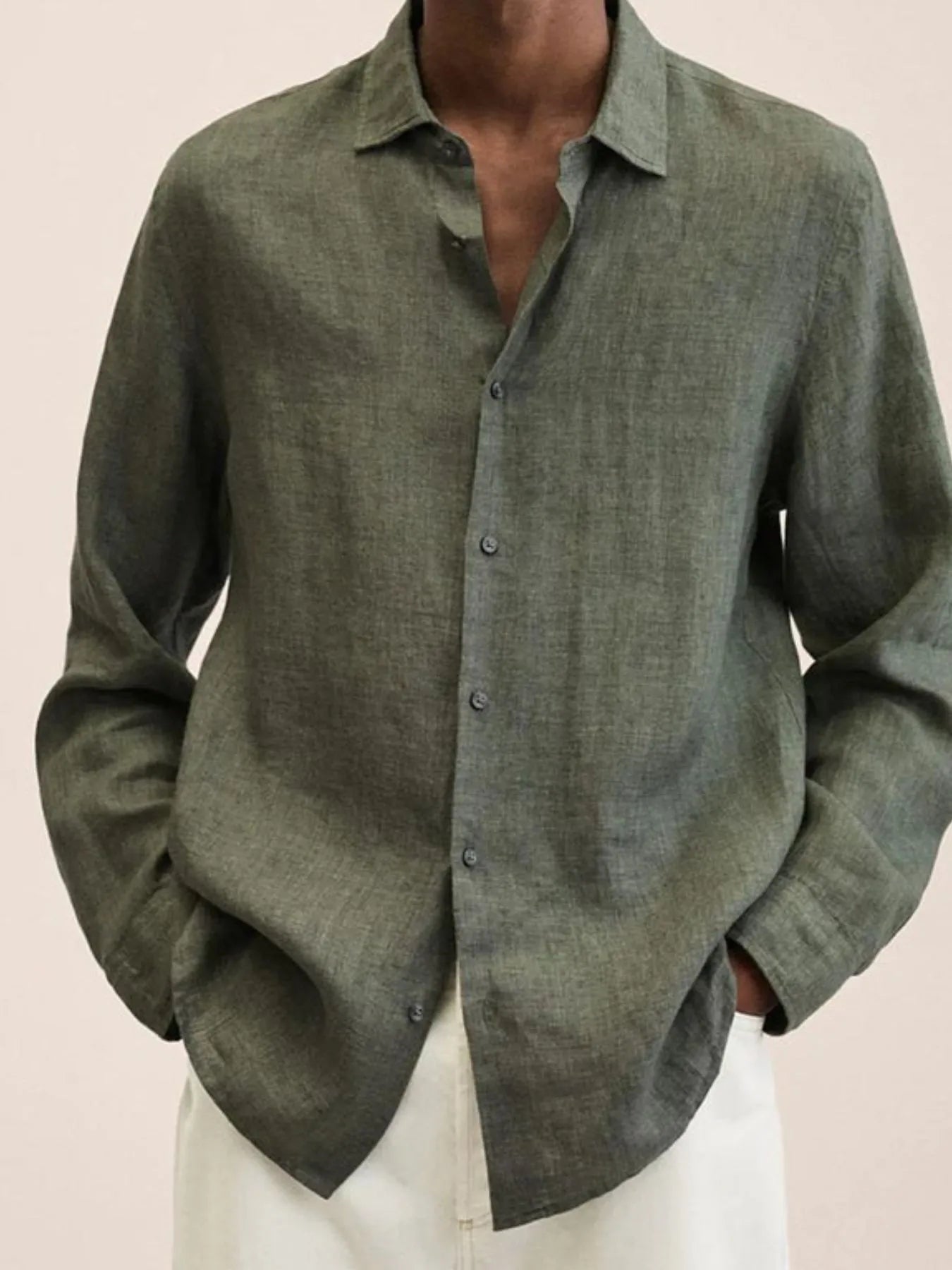  Model wearing a Men's Urban Casual Army Green Button-Down Long Sleeve Shirt  