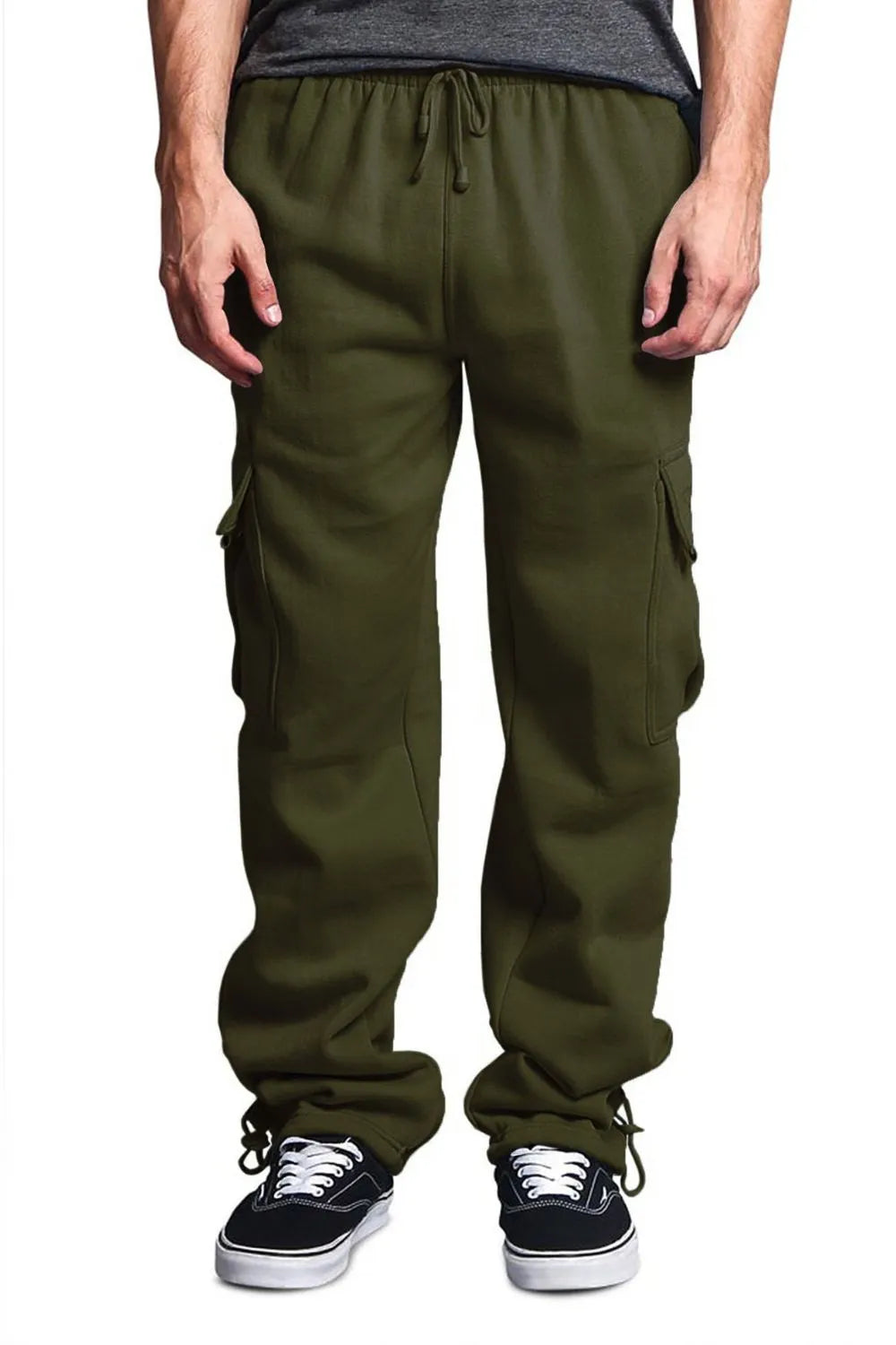 Male model wearing a pair of green casual draw string cargo joggers pants 