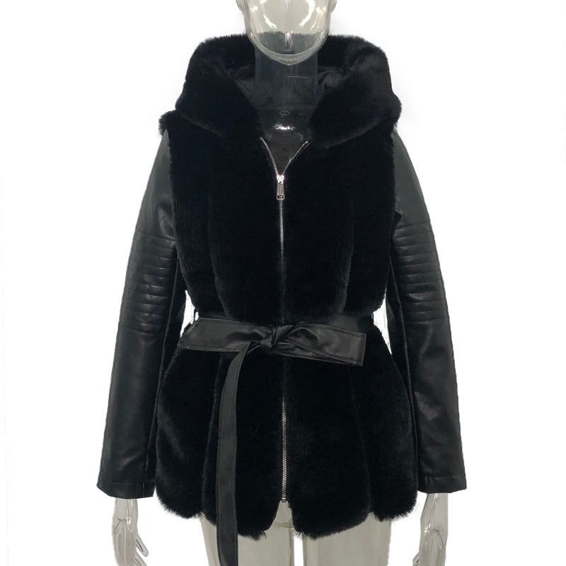 Opulent Fur-Trimmed Elegance: Belted Hooded Zipper Jacket in Luxe Shad