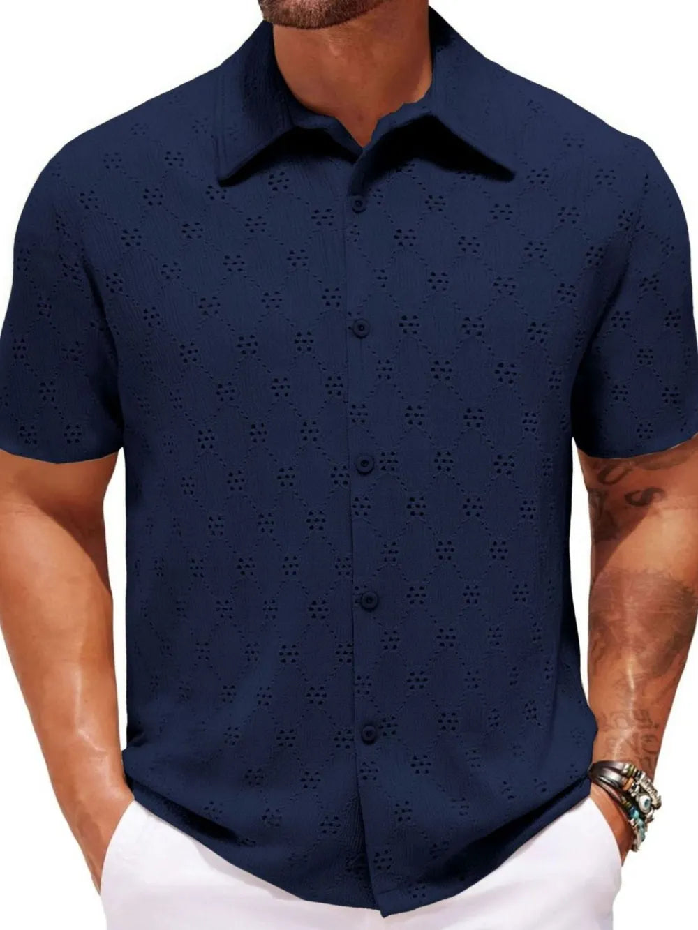Model wearing a Men's Navy Blue Perforated Short Sleeve Casual Button Down Shirt