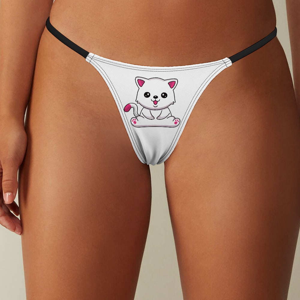 Front view of a model wearing White Ladies Sexy Playful Kitty Thong Panties by BUhmayzing