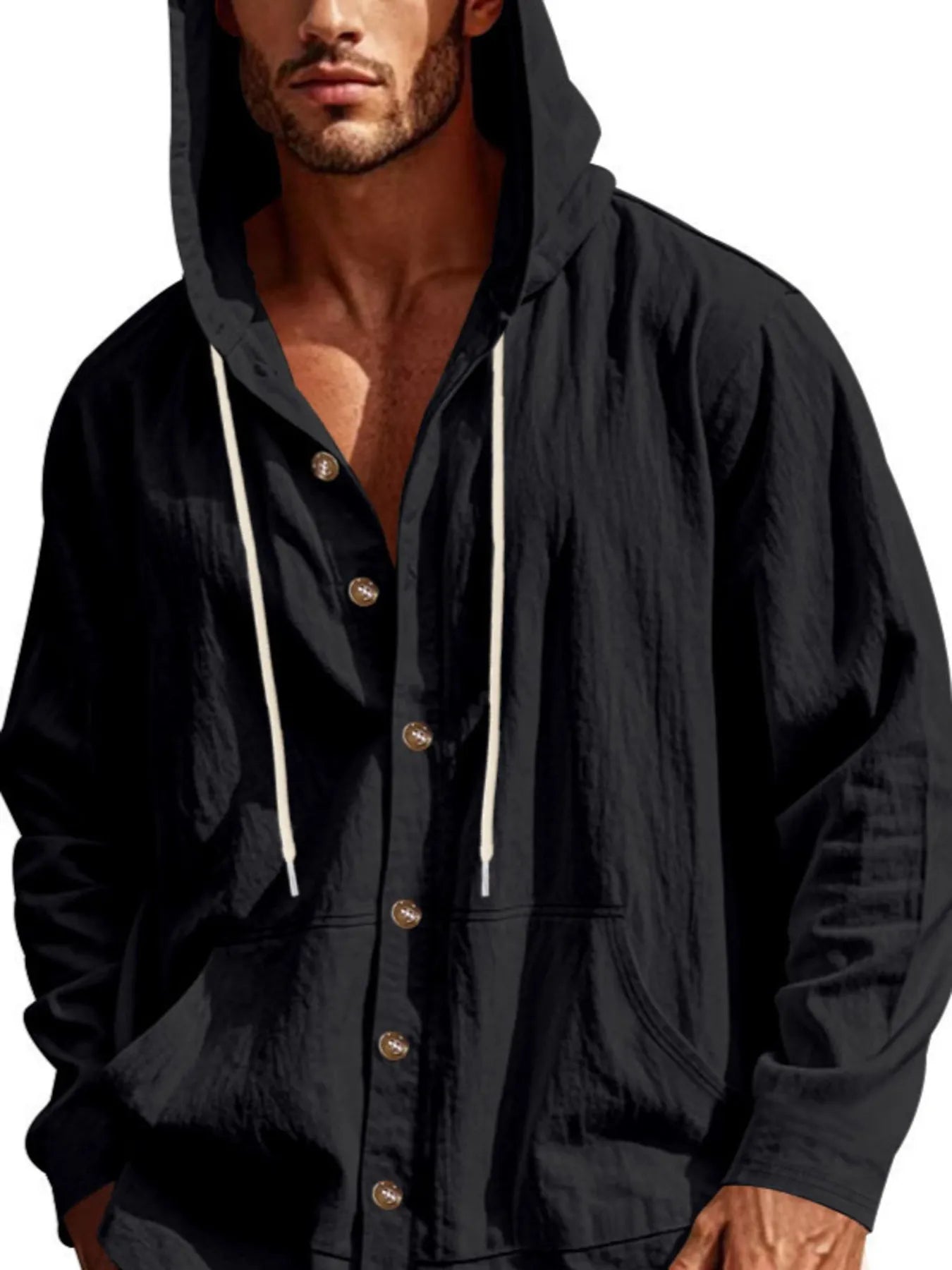 Men's Black colored Button Up Drawstring Hooded Top 