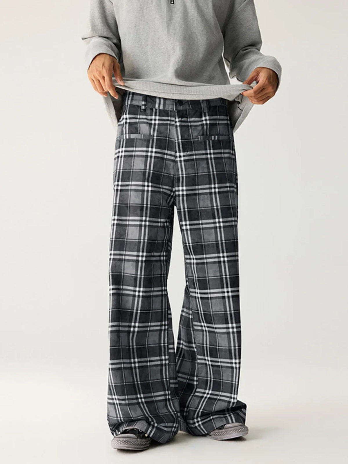 Men's Grey Casual Relaxed Plaid Wide Leg Pants