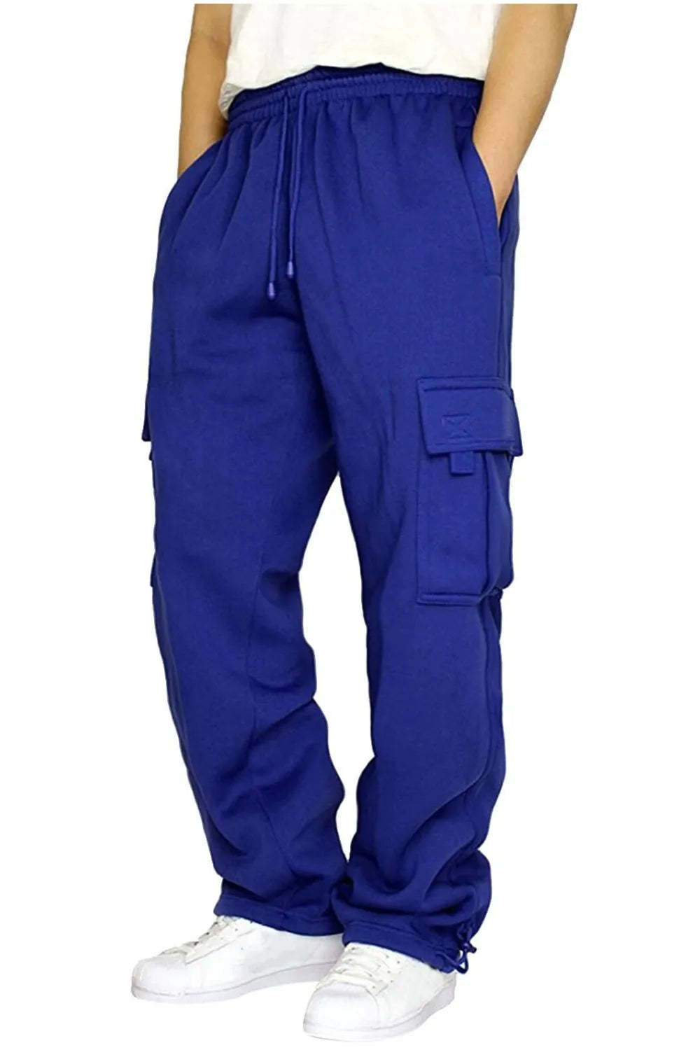 Male model wearing a pair of blue casual draw string cargo joggers pants 