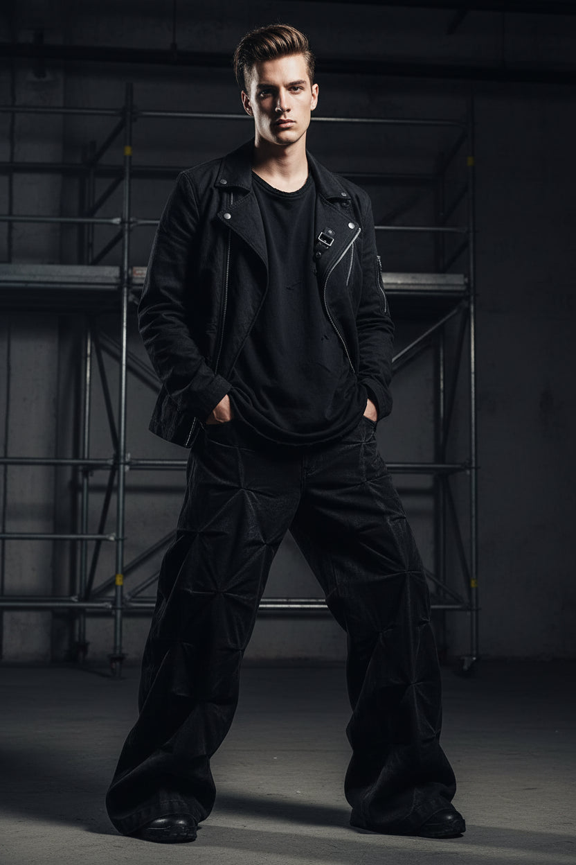 Model wearing Men's black Wide Leg Jeans with Edgy Ruched Detail 