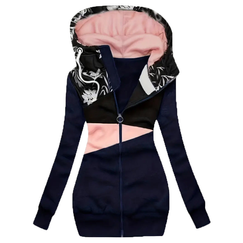 Vibrant Mosaic Mastery: Color-Block Hooded Full-Zip Jacket for Effortless Elegance