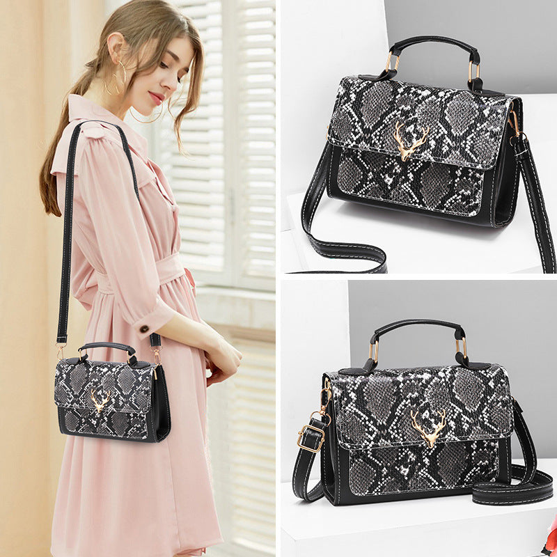 Black and silver patterned handbag with a woman holding it, and close-up shots of the bag on a white background.