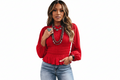 A woman modeling a bright red Chic Smocked Ruffle Hem Boho Blouse with a smocked bodice and ruffled hem, paired with blue jeans and layered statement necklaces, against a plain white background.