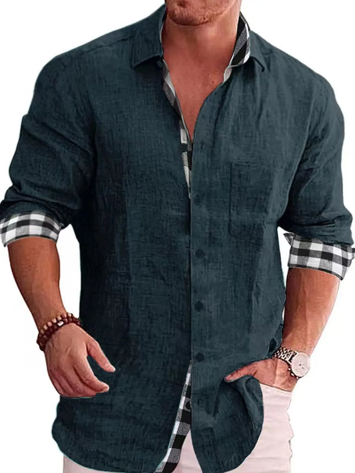 Male model wearing a black forest green Casual Linen Plaid-Trim Button Down Shirt