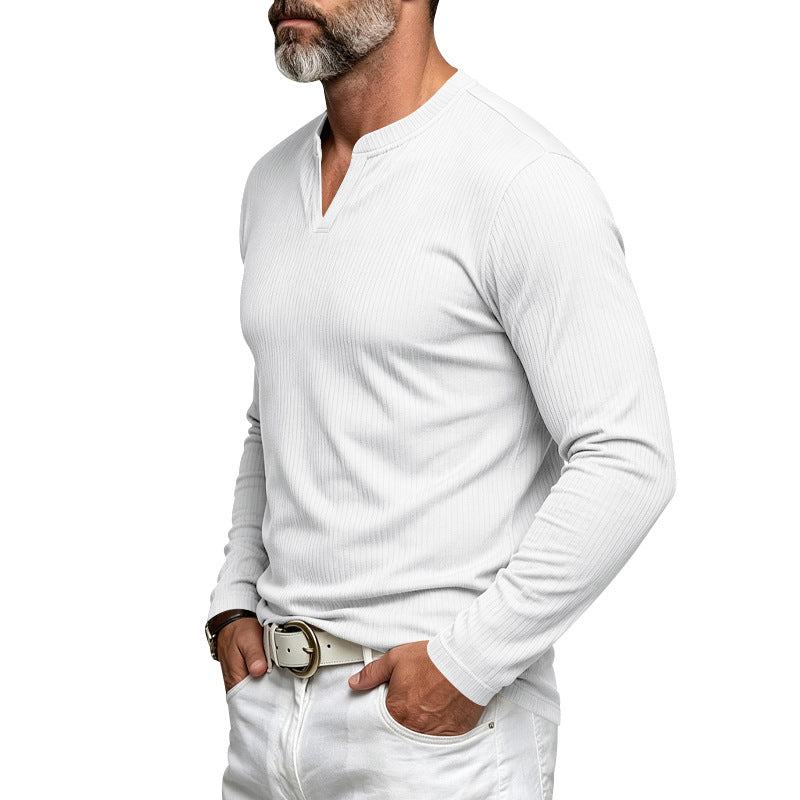 
Model wearing a white Men's Ribbed V-Neck Casual Long-Sleeve side view