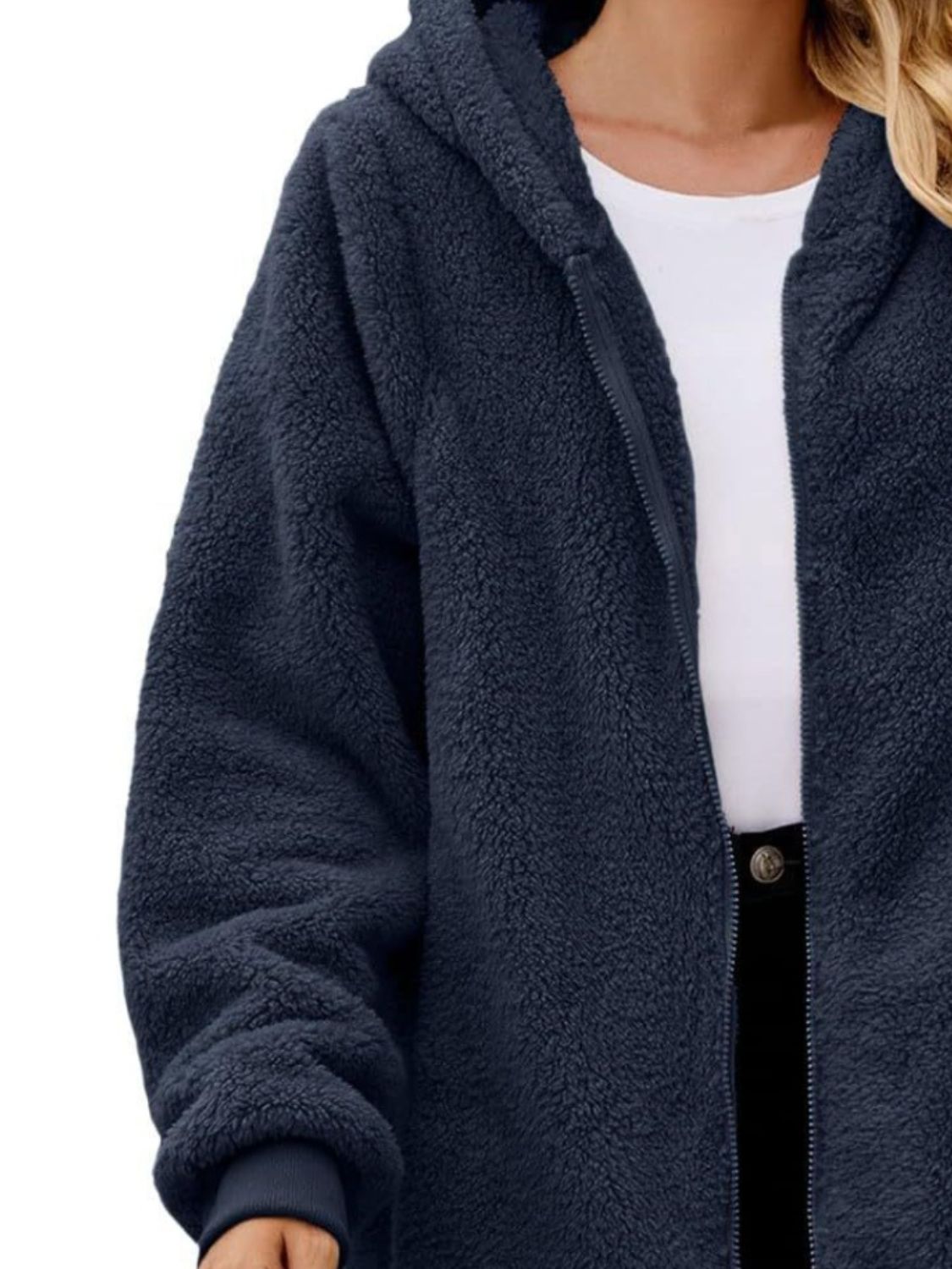 Close up detail view of a model wearing a Navy Blue Cozy Women's Fuzzy Pocketed Hooded Jacket