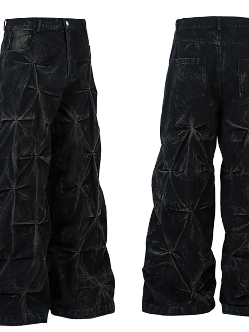  Men's black Wide Leg Jeans with Edgy Ruched Detail front and back view