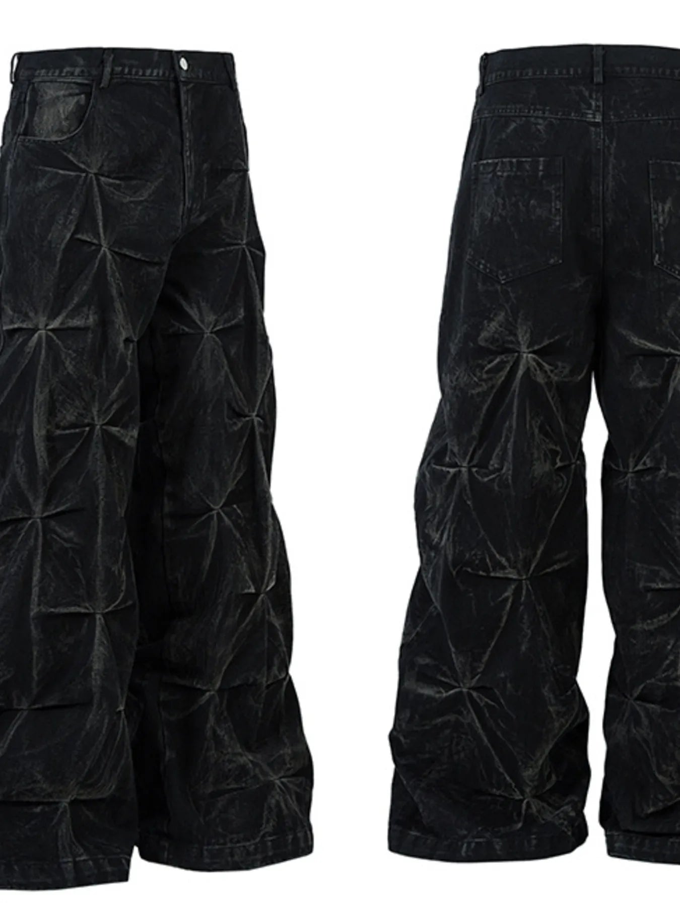  Men's black Wide Leg Jeans with Edgy Ruched Detail front and back view