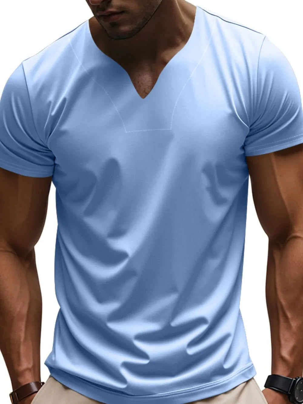 Model wearing a Light Blue Men's Modern V-Neck Fitted Short Sleeve T-Shirt 