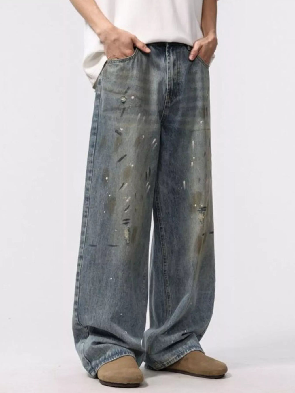 Men's Graphic Wide Leg Washed Jeans-Vintage Streetwear Statement Fit right angle view