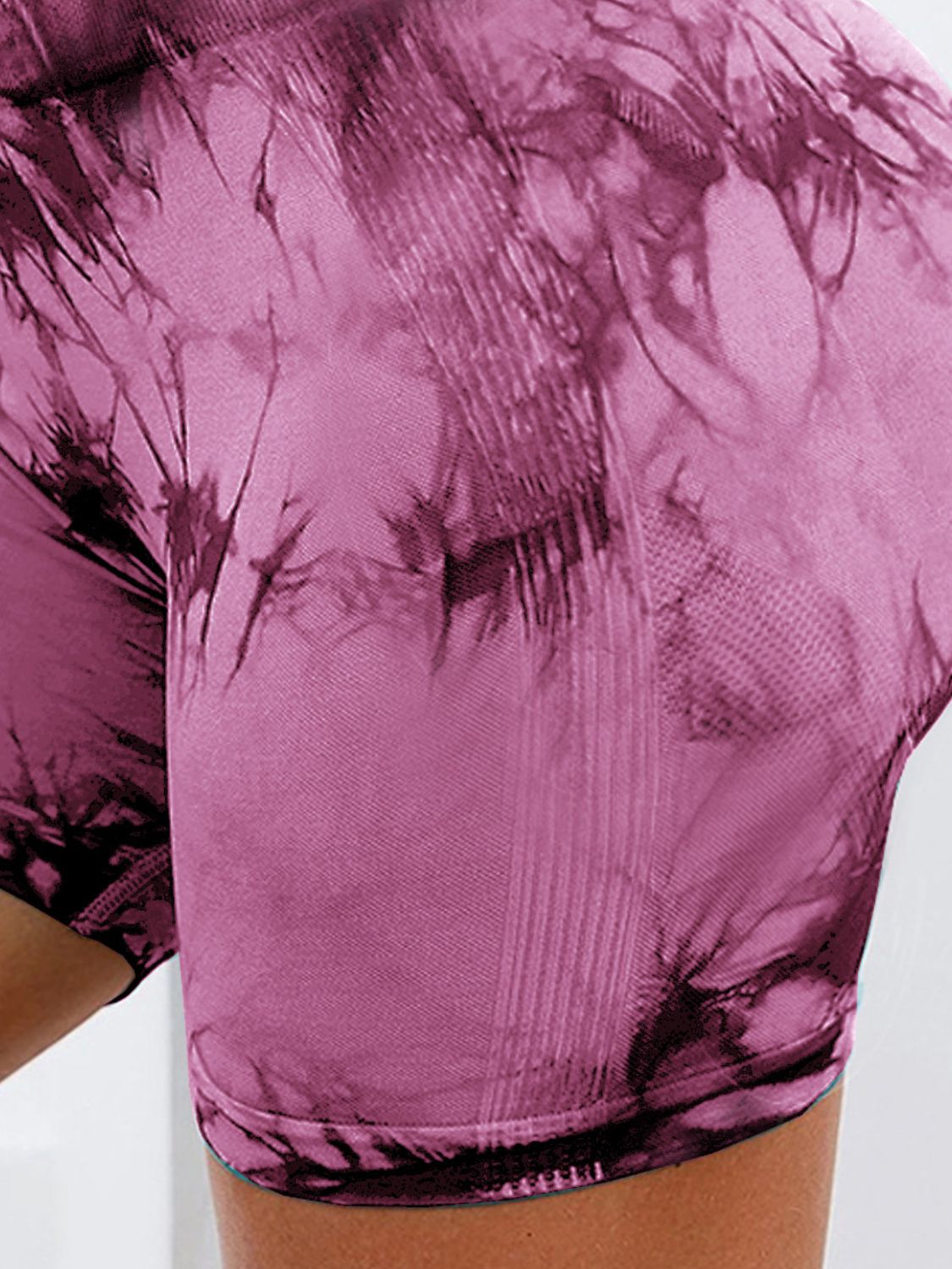 Highly Stretchy Tie-Dye High Waist Women's Moonlit Mauve Performance Shorts-side close up view