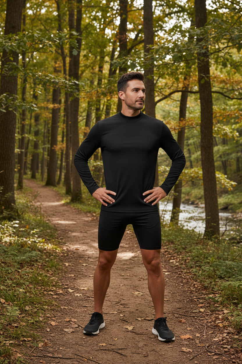 Male model on a running trail wearing a Men's Active Long Sleeve Black T-shirt  