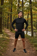 Male model on a running trail wearing a Men's Active Long Sleeve Black T-shirt  