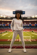 A woman stands in a large stadium wearing a light gray sweatshirt and sweatpants set with 'GAMEDAY' printed in pink across the chest, paired with white sneakers.