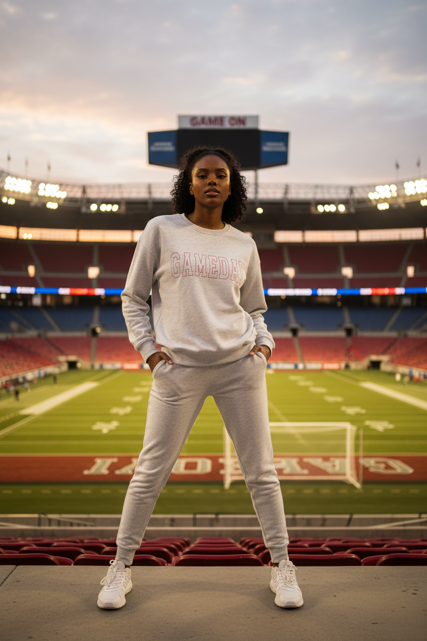 A woman stands in a large stadium wearing a light gray sweatshirt and sweatpants set with 'GAMEDAY' printed in pink across the chest, paired with white sneakers.