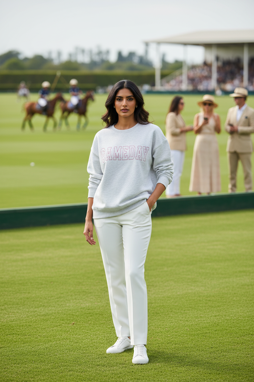 A woman stands on a Polo sports field wearing a light gray sweatshirt with 'RUMIDAY' printed across the chest in pink and white, paired with white trousers and white sneakers. In the background, polo players on horseback and spectators are visible on the lawn.