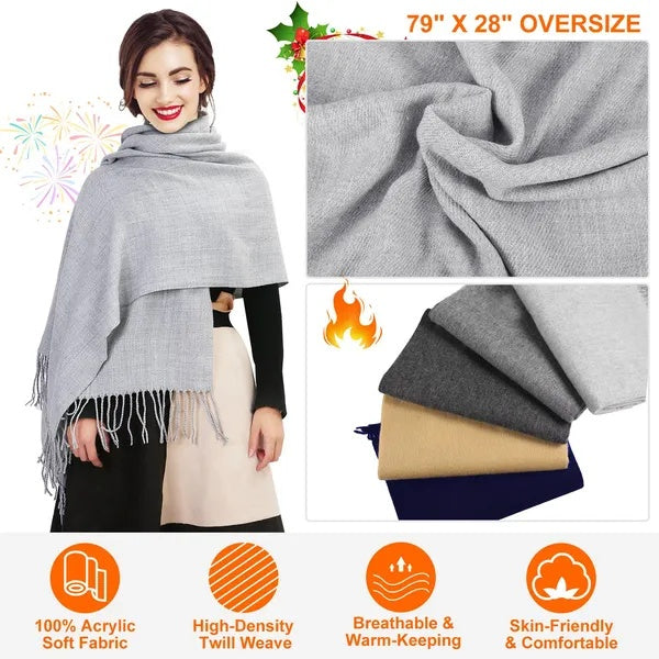 Gray oversized scarf with a woman wearing it, fabric details, and product features.