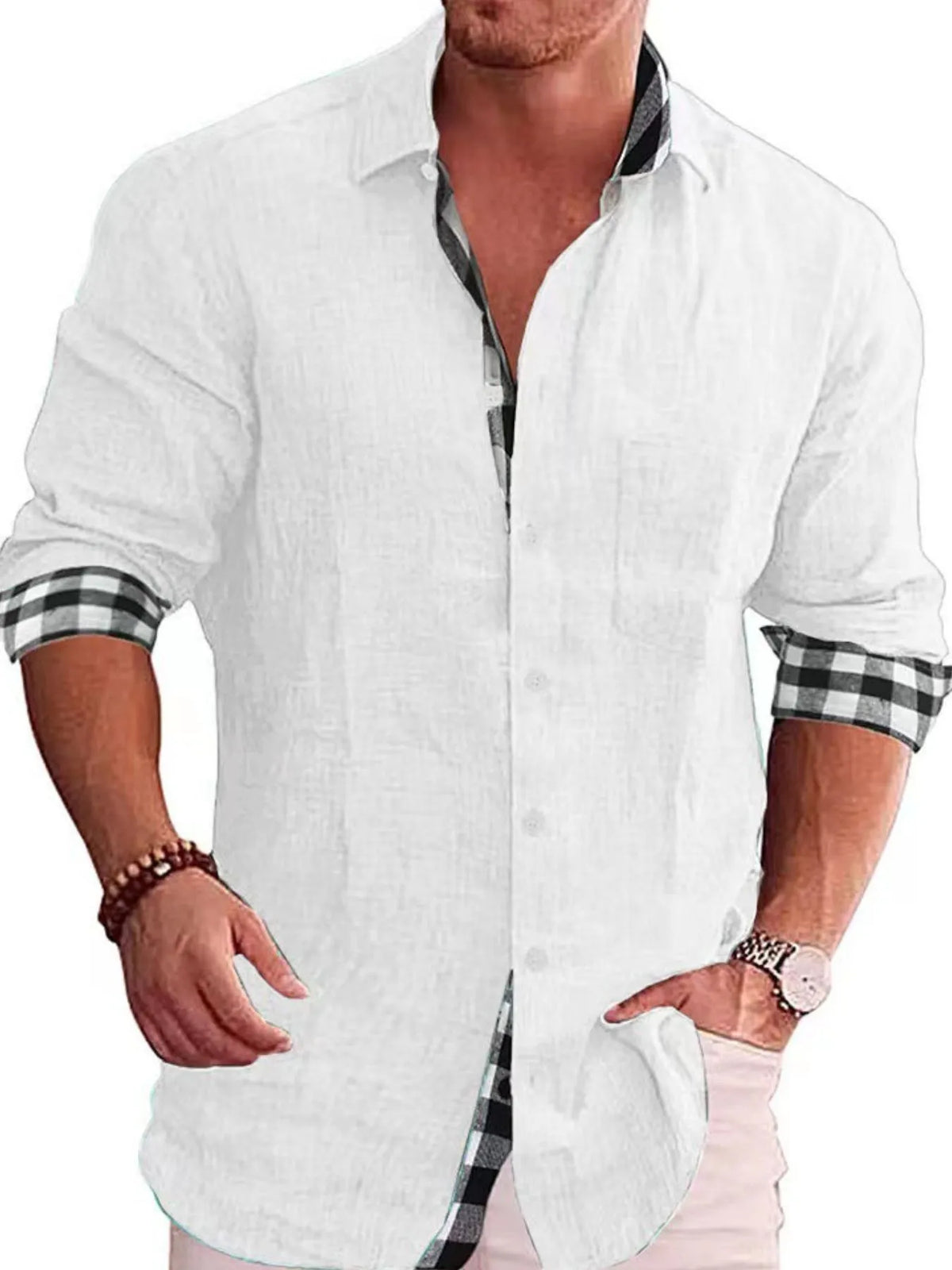 Male model wearing a white Casual Linen Plaid-Trim Button Down Shirt