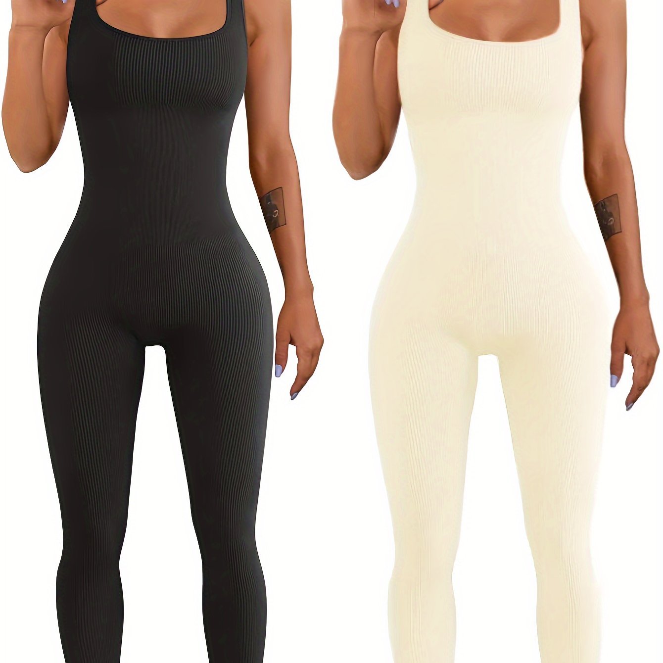 Two women wearing black and beige ribbed jumpsuits on a white background