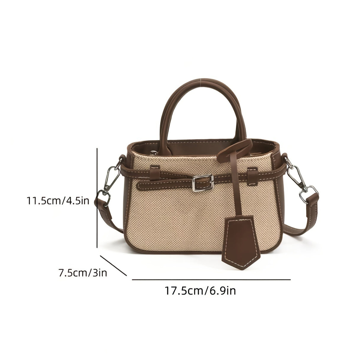 Brown handbag with measurements on a white background