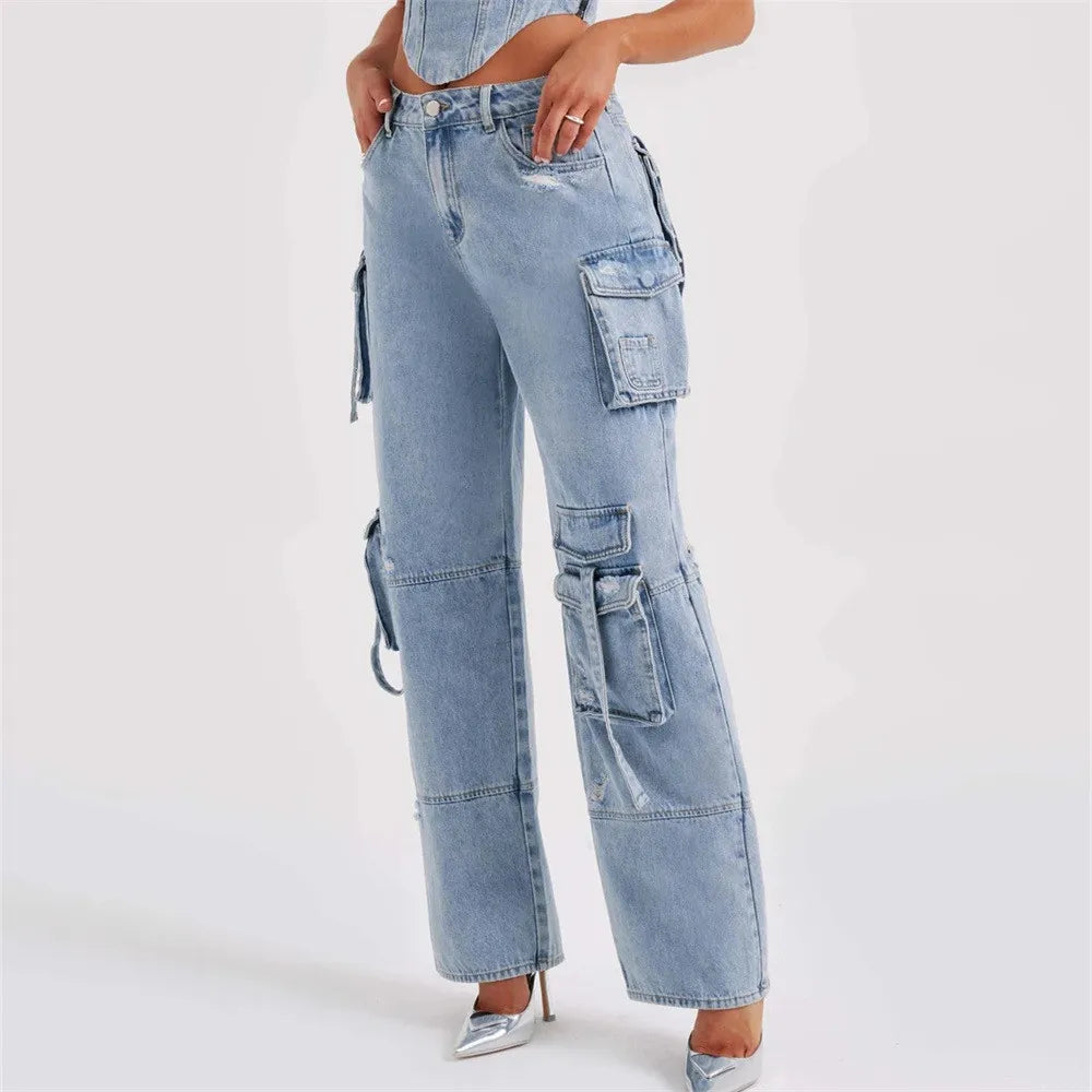 Women's Fashion Straight Multi-Pocket Cargo Jeans