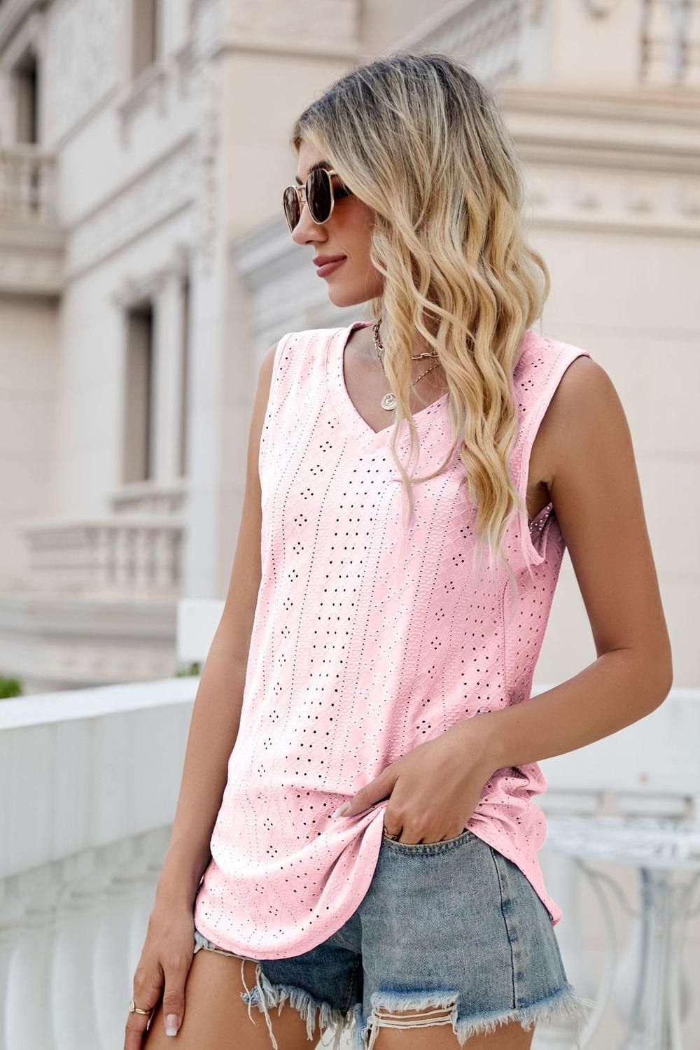 Model wearing pink ladies Sleeveless Eyelet V-Neck Tank