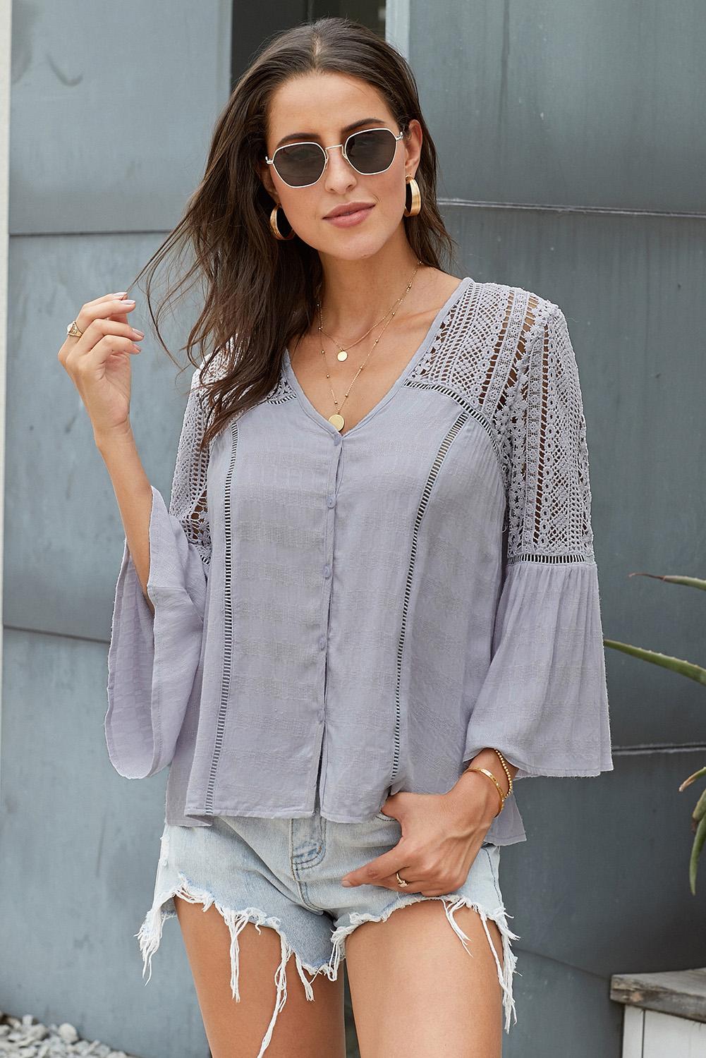 Model wearing a Gray Dawn Stylish Flare Women's Sleeve Lace V-Neck Shirt