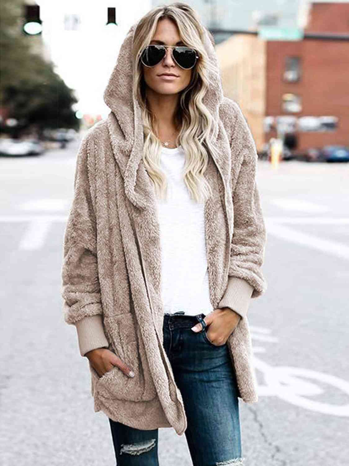 Model wearing a Beige Ladies Luxuriously Soft Hooded Teddy Jacket