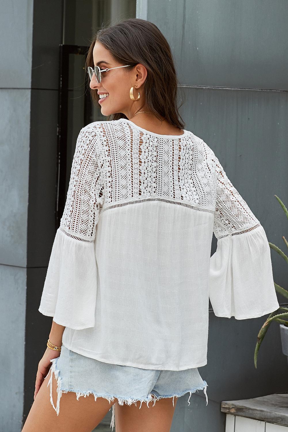 Back view of a Model wearing a White Stylish Flare Women's Sleeve Lace V-Neck Shirt 