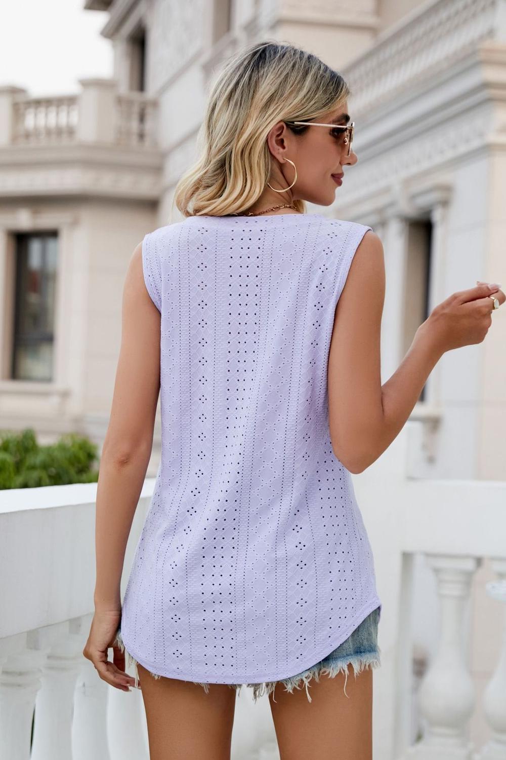 Back view of model wearing lavender Ladies Sleeveless Eyelet V-Neck Tank