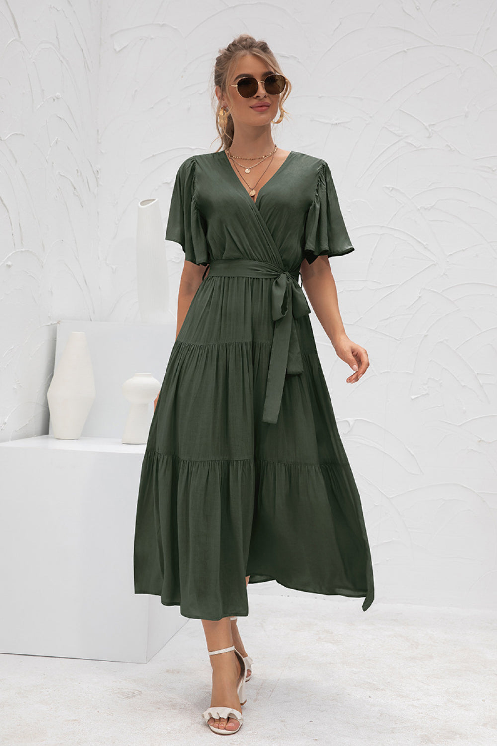  Women's Stylish Olive Flutter Sleeve Wrap Front Tie Dress