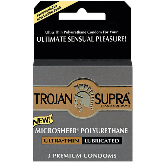 Trojan Supra Microsheer Polyurethane Condoms Ultra-Thin. Lubricated. Pack of 3. Experience the lightness and freedom of protection that's as close to nothing as you can get. Take control of your pleasure and live life to the fullest.
