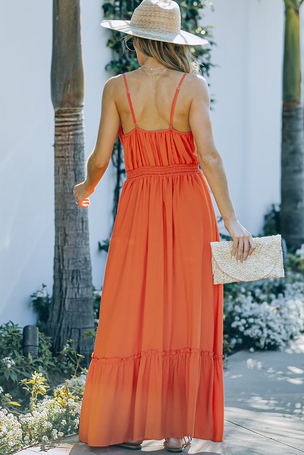 Summer Outfit Idea: Frill Trim Spaghetti Strap Dress Back View