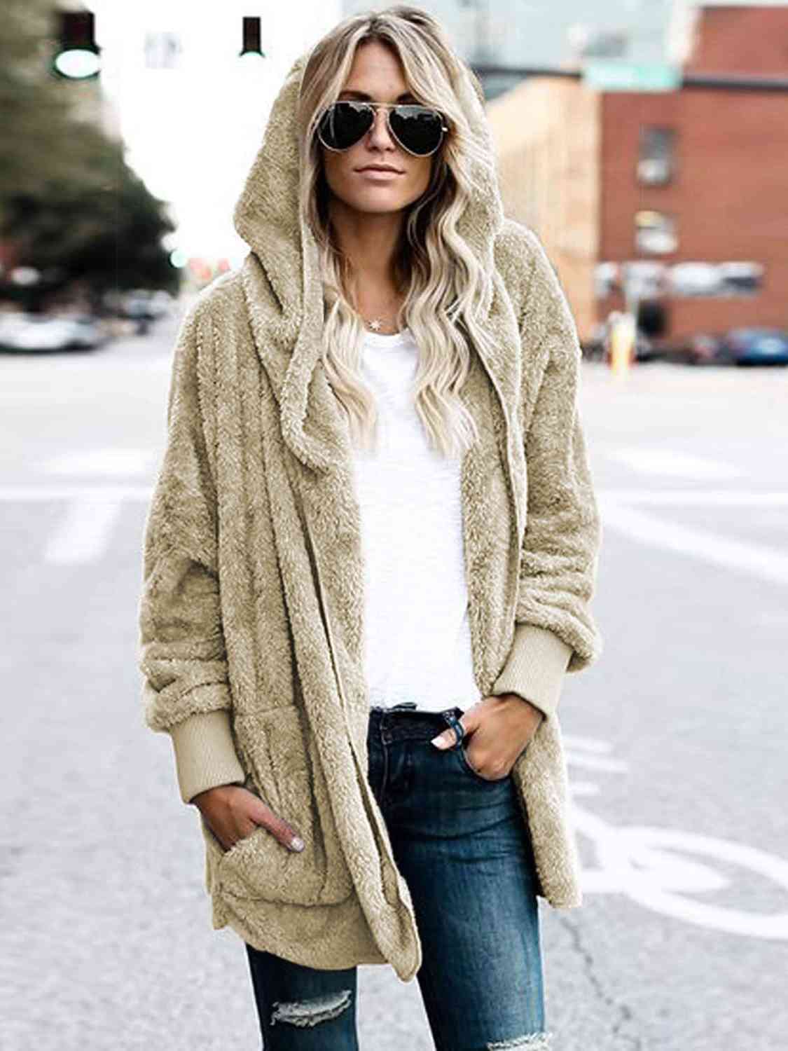 Model wearing a Cream Ladies Luxuriously Soft Hooded Teddy Jacket