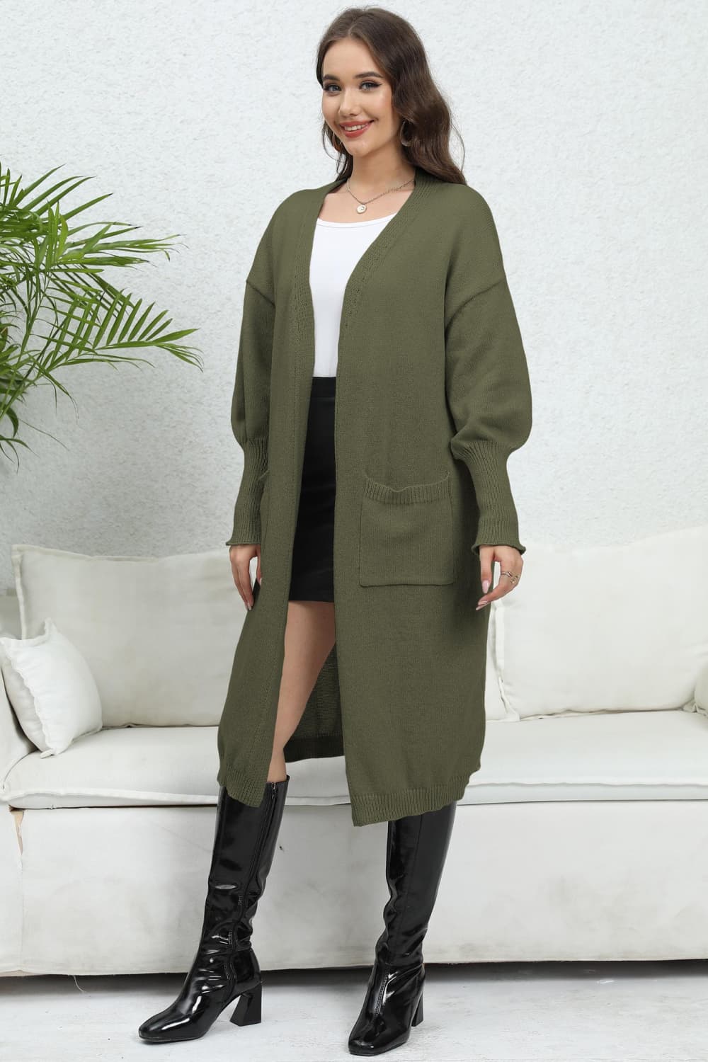 Women's Trendy Army Green Open Front Dropped Shoulder Cardigan