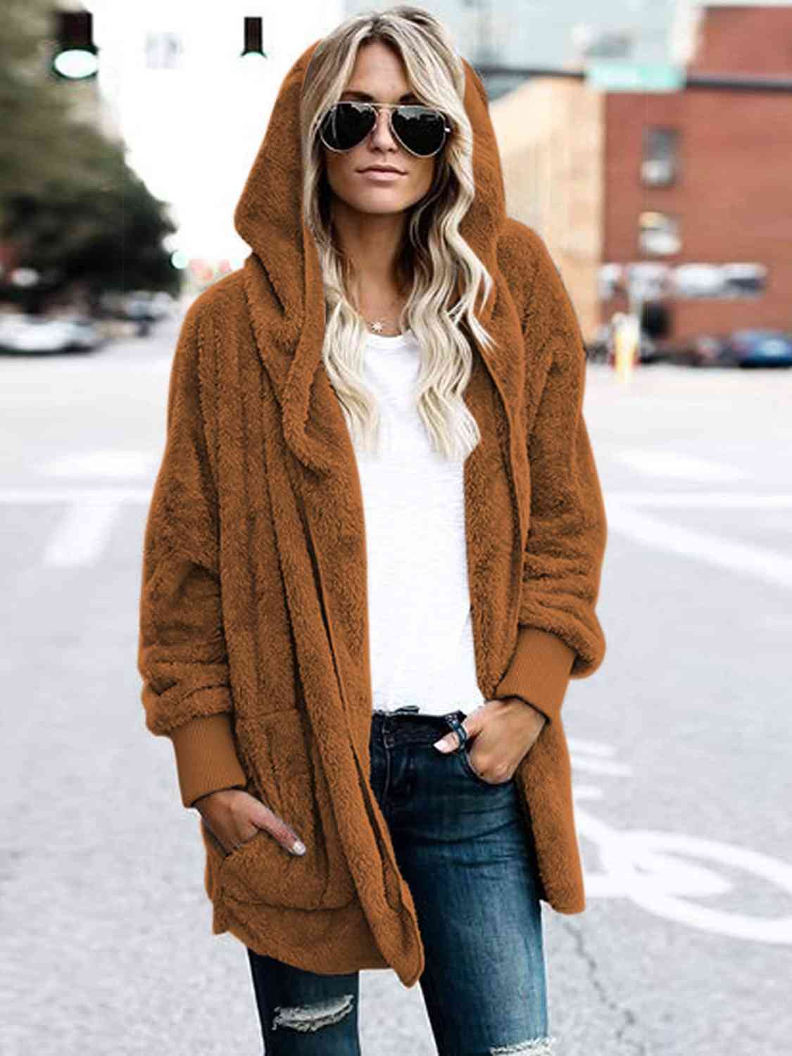 Model wearing a Camel Ladies Luxuriously Soft Hooded Teddy Jacket