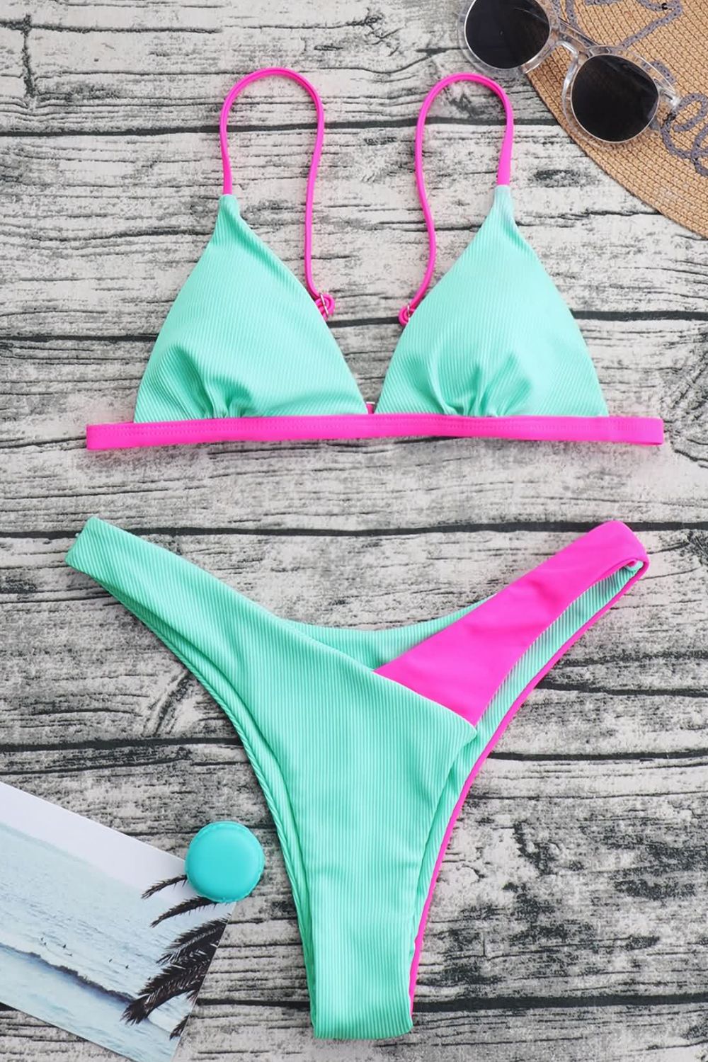 Lady's Aqua & Pink Contrast Ribbed Bikini Set