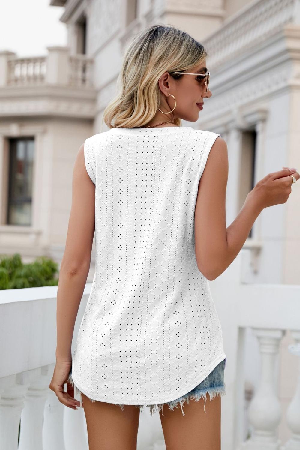 Model showing back view Ladies white Sleeveless Eyelet V-Neck Tank