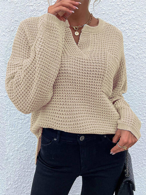 A model wearing a Women's Tan Trendy Posh Modern Notched Neckline Sweater